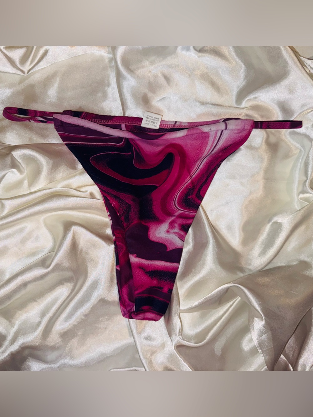 👑 Size Large Sexy Swriled Women's Pink Marble Print Thong Bikini Bottom